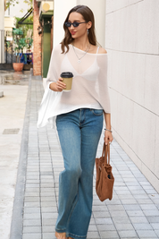 Fisoew Women's White Sheer Lightweight Knit  Poncho Top - Fisoew