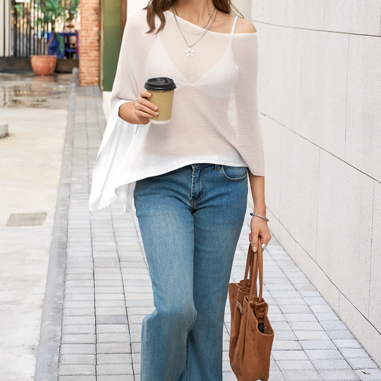 Fisoew Women's White Sheer Lightweight Knit  Poncho Top - Fisoew