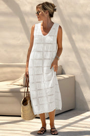 Fisoew Women's White Boho Knit Sleeveless Dress - Fisoew