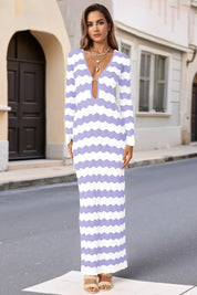 Fisoew Women's Light Purple Striped Sexy Crochet Maxi Dress