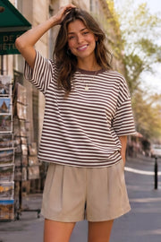 Round Neck Striped Short Sleeve Crop T-shirts - Fisoew