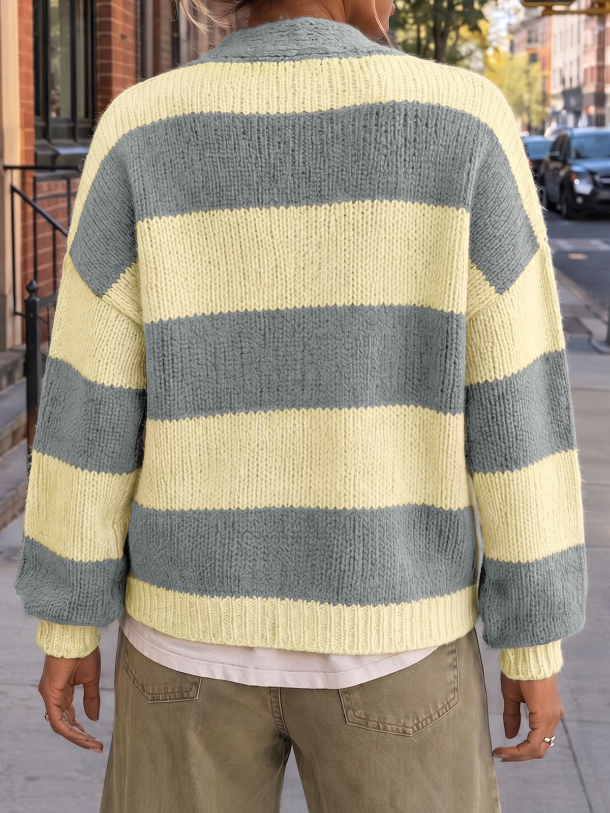 Striped Open Front Button Up Cardigans - Fisoew