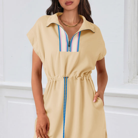 Fisoew Women's Beige Short Sleeve V Neck Mini Dress - Fisoew