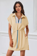 Fisoew Women's Beige Short Sleeve V Neck Mini Dress