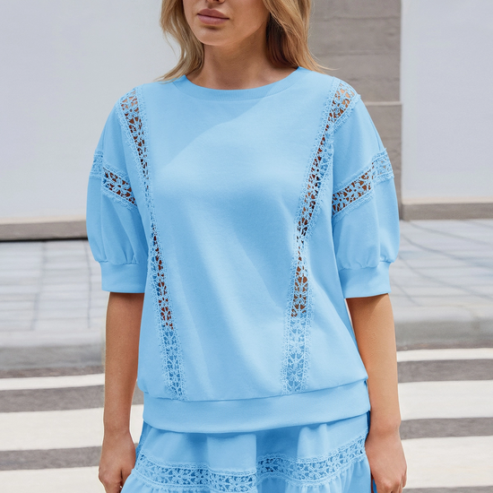 Womens Blue Lace Trim Puff Sleeve Two Piece Skirt Set Fisoew - Fisoew