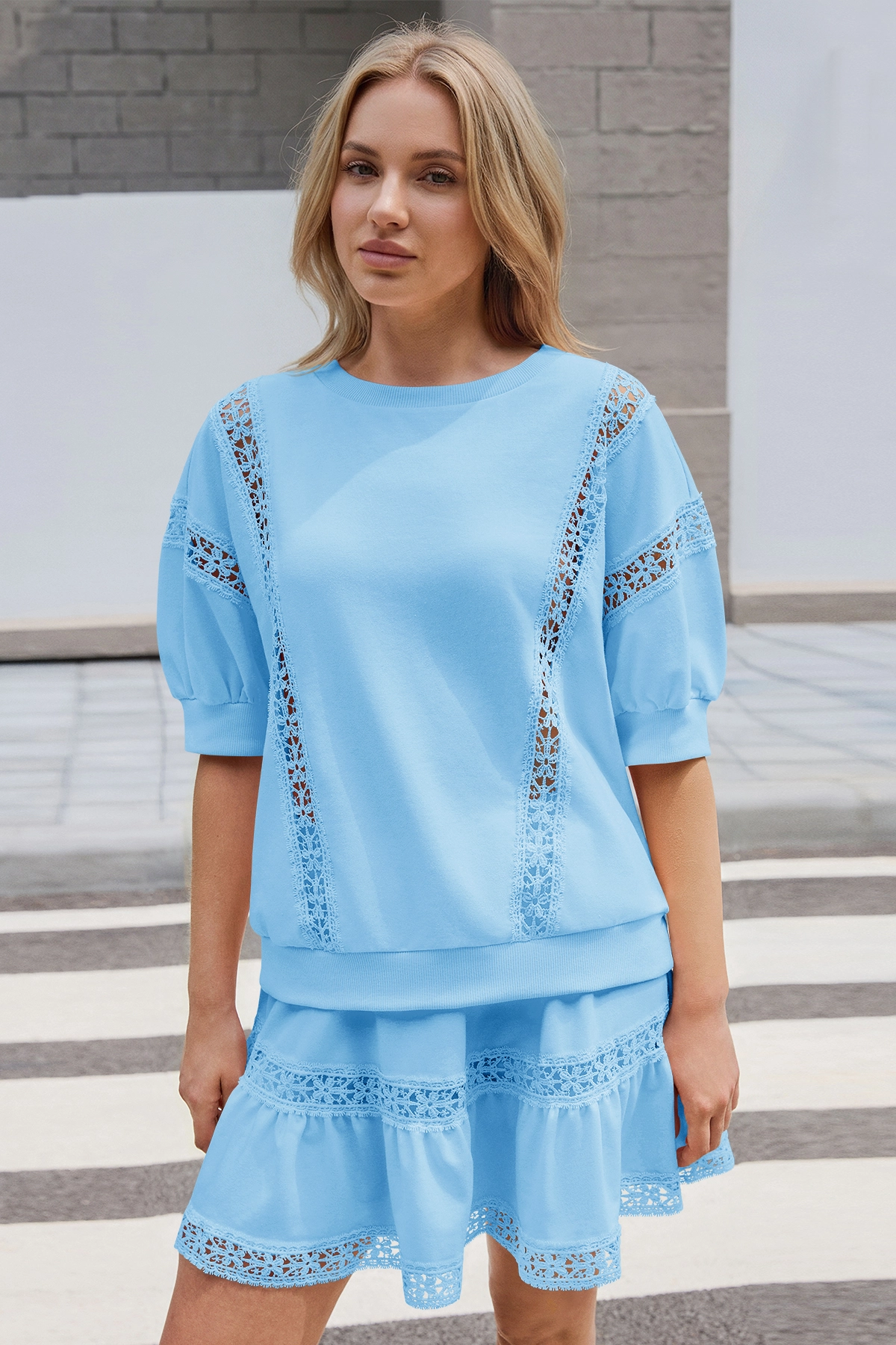 Womens Blue Lace Trim Puff Sleeve Two Piece Skirt Set Fisoew - Fisoew