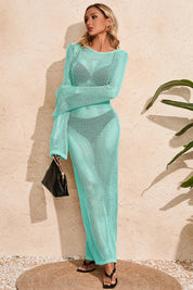 Fisoew Women's Mint Crochet  Long Sleeve Sexy Swimsuit Maxi Dress - Fisoew
