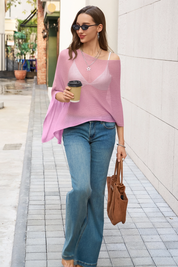 Fisoew Women's Pink Sheer Lightweight Knit  Poncho Top - Fisoew