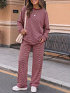 Striped Long Sleeve Top With Wide Leg Pants Set - Fisoew