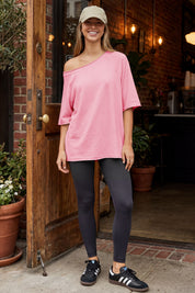 Fisoew Women's Pink Off The Shoulder Tops Oversized  T-Shirts - Fisoew