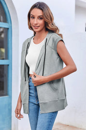 Fisoew Women's Grey Sleeveless Zip Up Hoodies - Fisoew
