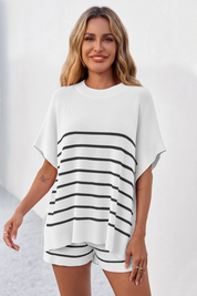 Fisoew Women's White Striped Oversized Lounge Short Sets - Fisoew