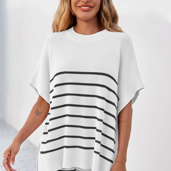 Fisoew Women's White Striped Oversized Lounge Short Sets - Fisoew