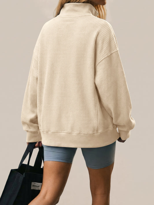 Waffle Knit Button Henley Pullover Sweatshirt - Fisoew