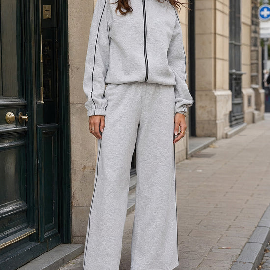 Zip-Up Jacket With Wide-Leg Tracksuit Sets - Fisoew