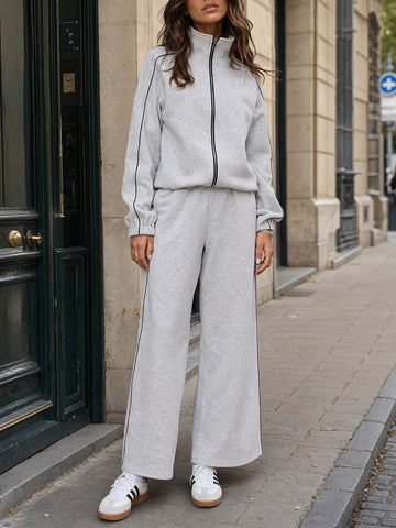 Zip-Up Jacket With Wide-Leg Tracksuit Sets - Fisoew