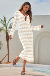 Fisoew Women's Beige Striped Sexy Crochet Maxi Dress - Fisoew