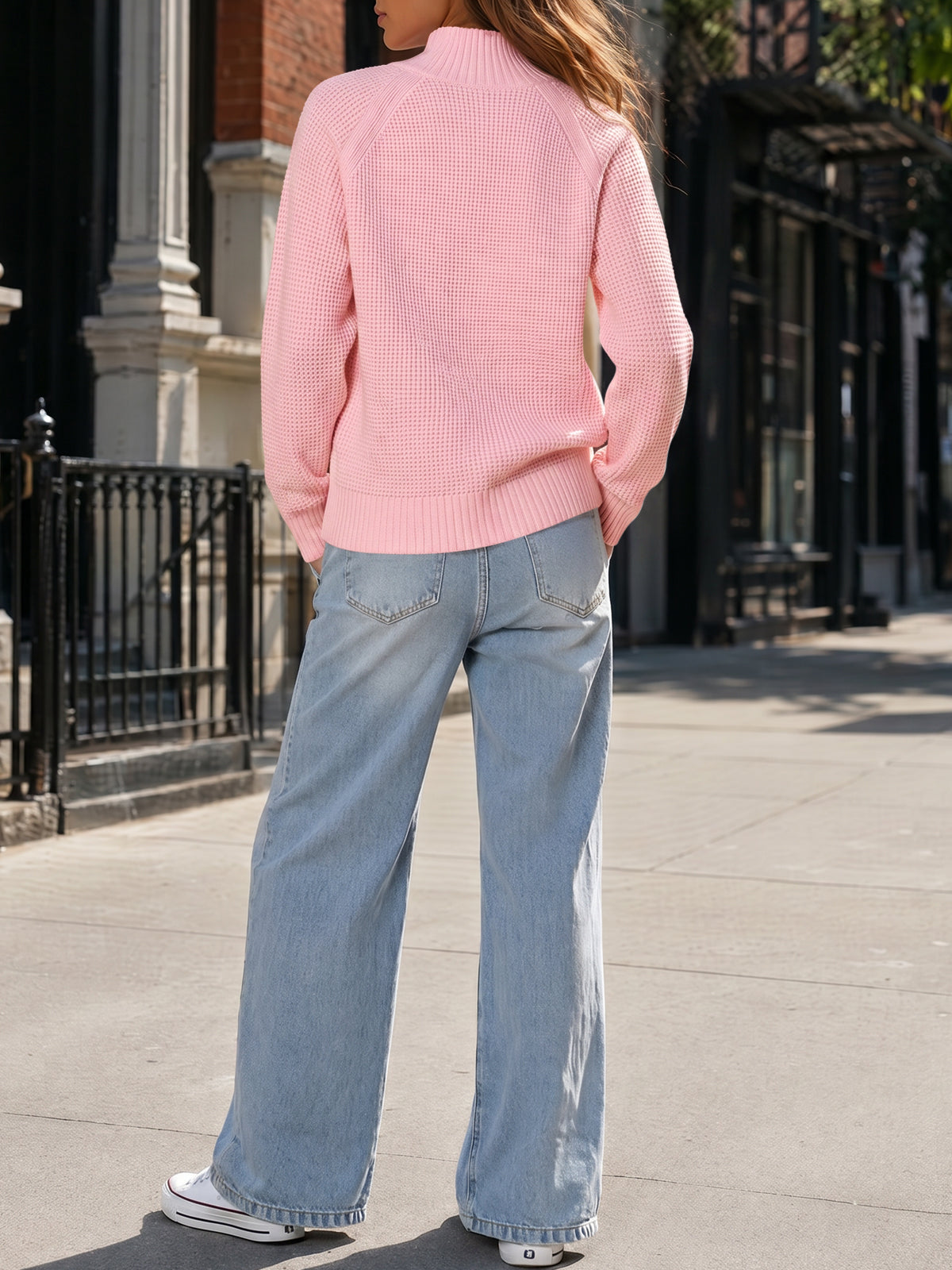 Zip Waffle Knit Long Sleeve Pullover - Fisoew