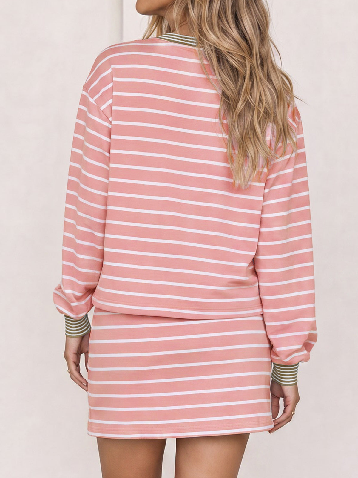 Striped Long Sleeve Crop Tops With Skort Sets - Fisoew