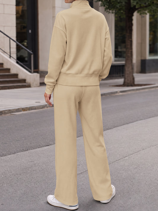 Waffle Knit Sweatshirt With Pants Sets - Fisoew