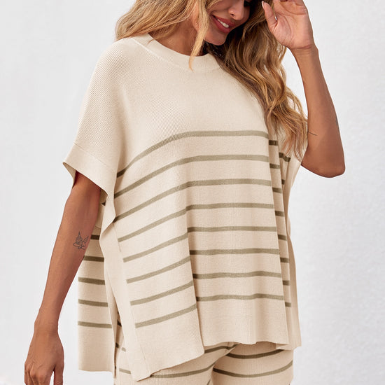 Fisoew Women's Apricot Striped Oversized Lounge Short Sets - Fisoew