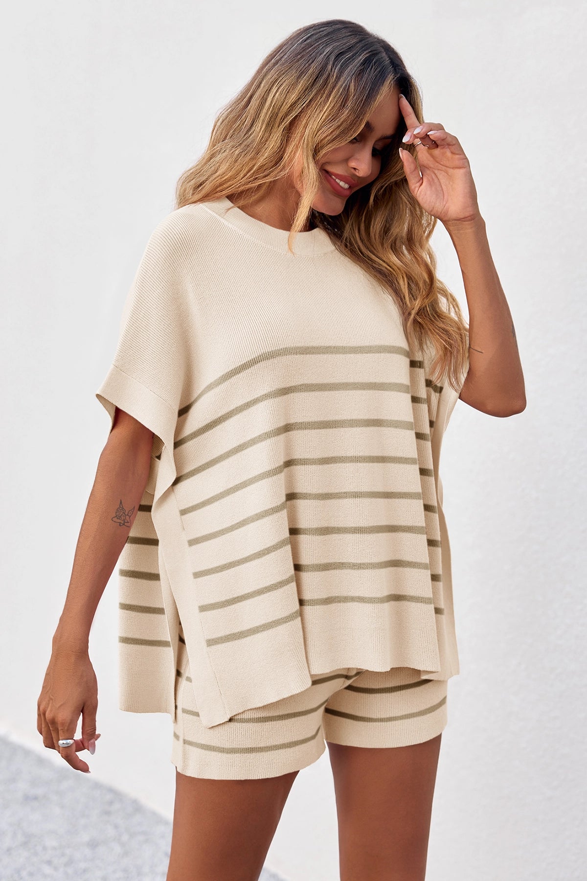 Fisoew Women's Apricot Striped Oversized Lounge Short Sets - Fisoew