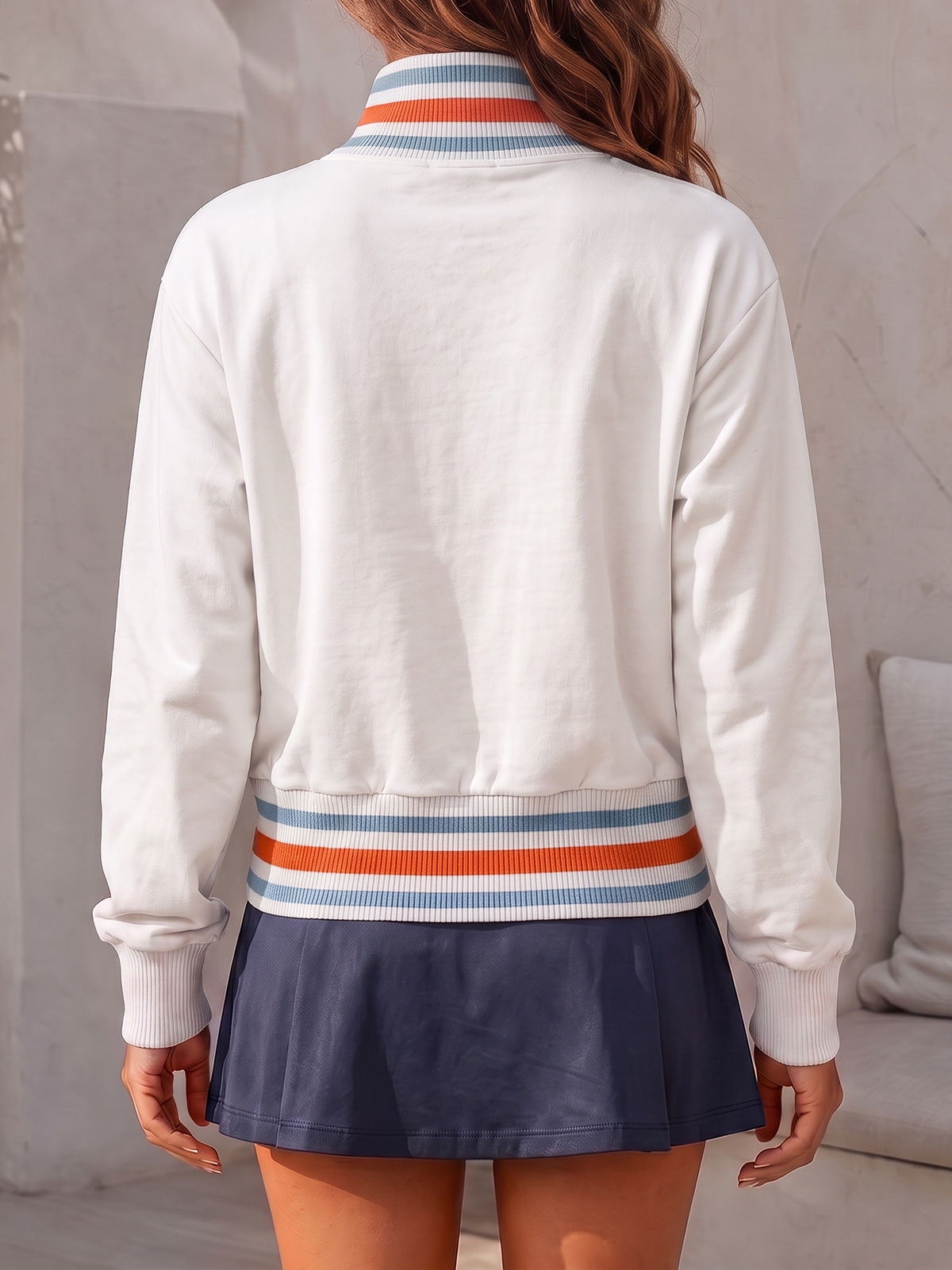 Half Zip Stripe Crop Sweatshirts - Fisoew