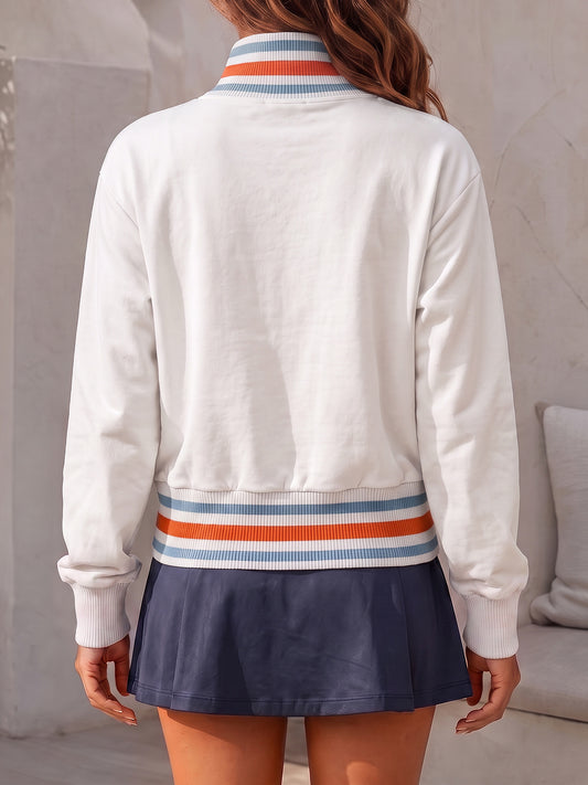 Half Zip Stripe Crop Sweatshirts - Fisoew
