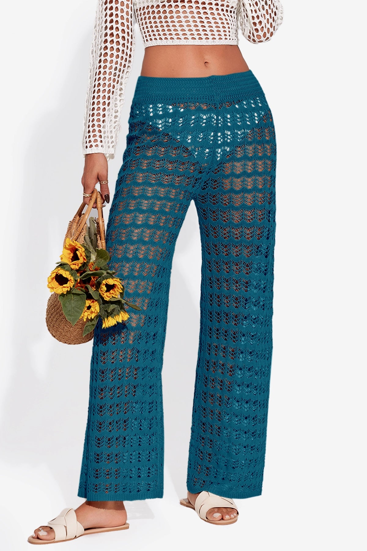 Fisoew Women‘s Navy Crochet Sheer Mesh Cover Up Pants - Fisoew