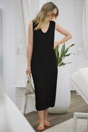 Fisoew Women's Black Boho Knit Sleeveless Dress - Fisoew