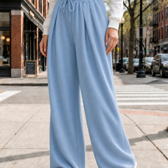 Solid Wide Leg High Waist Pants - Fisoew