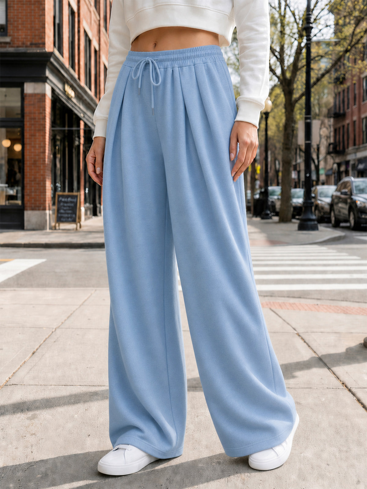 Solid Wide Leg High Waist Pants - Fisoew