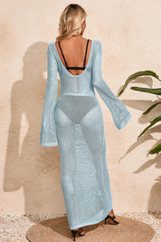 Fisoew Women's Blue Crochet  Long Sleeve Sexy Swimsuit Maxi Dress - Fisoew