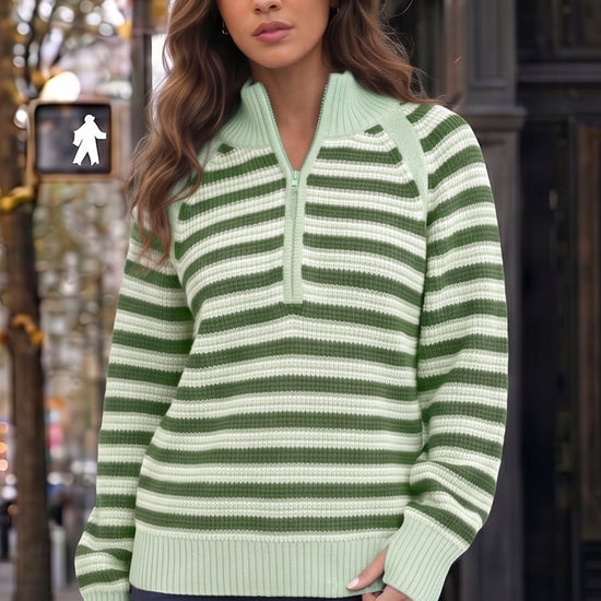 Half Zip Striped Pullover Ribbed Knit Tops - Fisoew