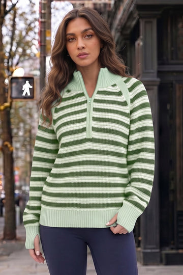 Half Zip Striped Pullover Ribbed Knit Tops - Fisoew