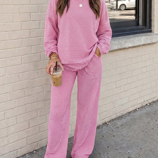 Striped Long Sleeve Top With Wide Leg Pants Set - Fisoew