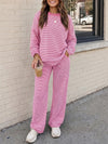 Striped Long Sleeve Top With Wide Leg Pants Set - Fisoew