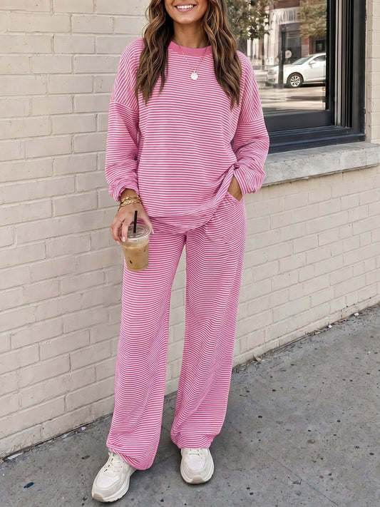 Striped Long Sleeve Top With Wide Leg Pants Set - Fisoew