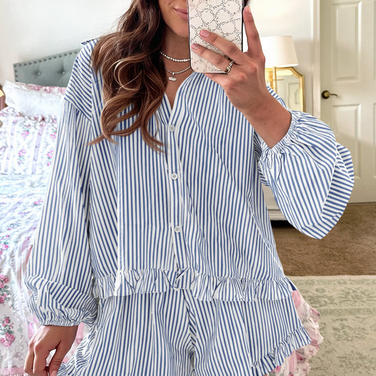 Womens Dark Blue Stripe 2Pcs Shorts Loungewear  Fisoew - Fisoew