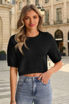 Fisoew Women's Black Casual Puff Short Sleeve Crop Sweaters - Fisoew