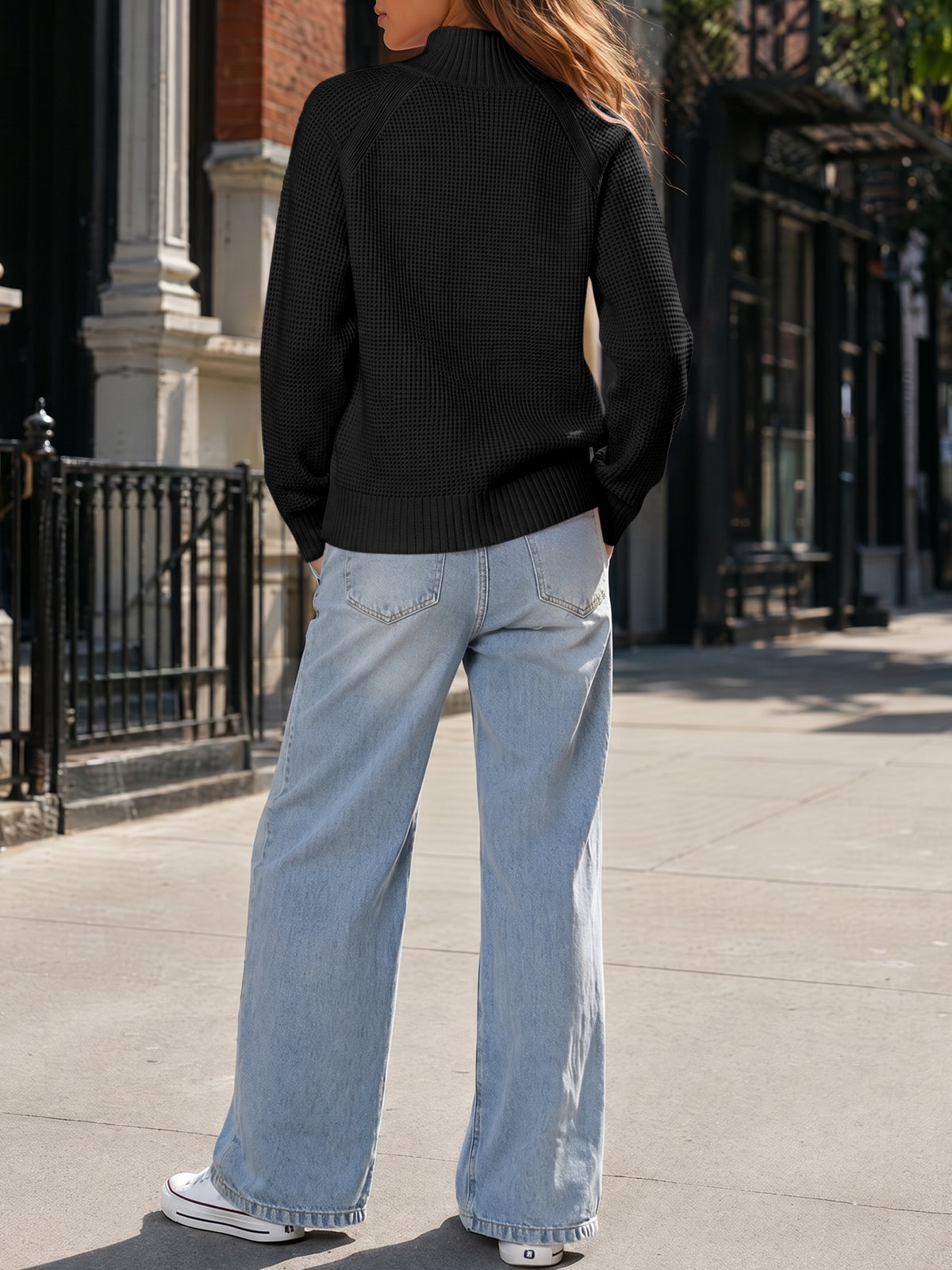 Zip Waffle Knit Long Sleeve Pullover - Fisoew