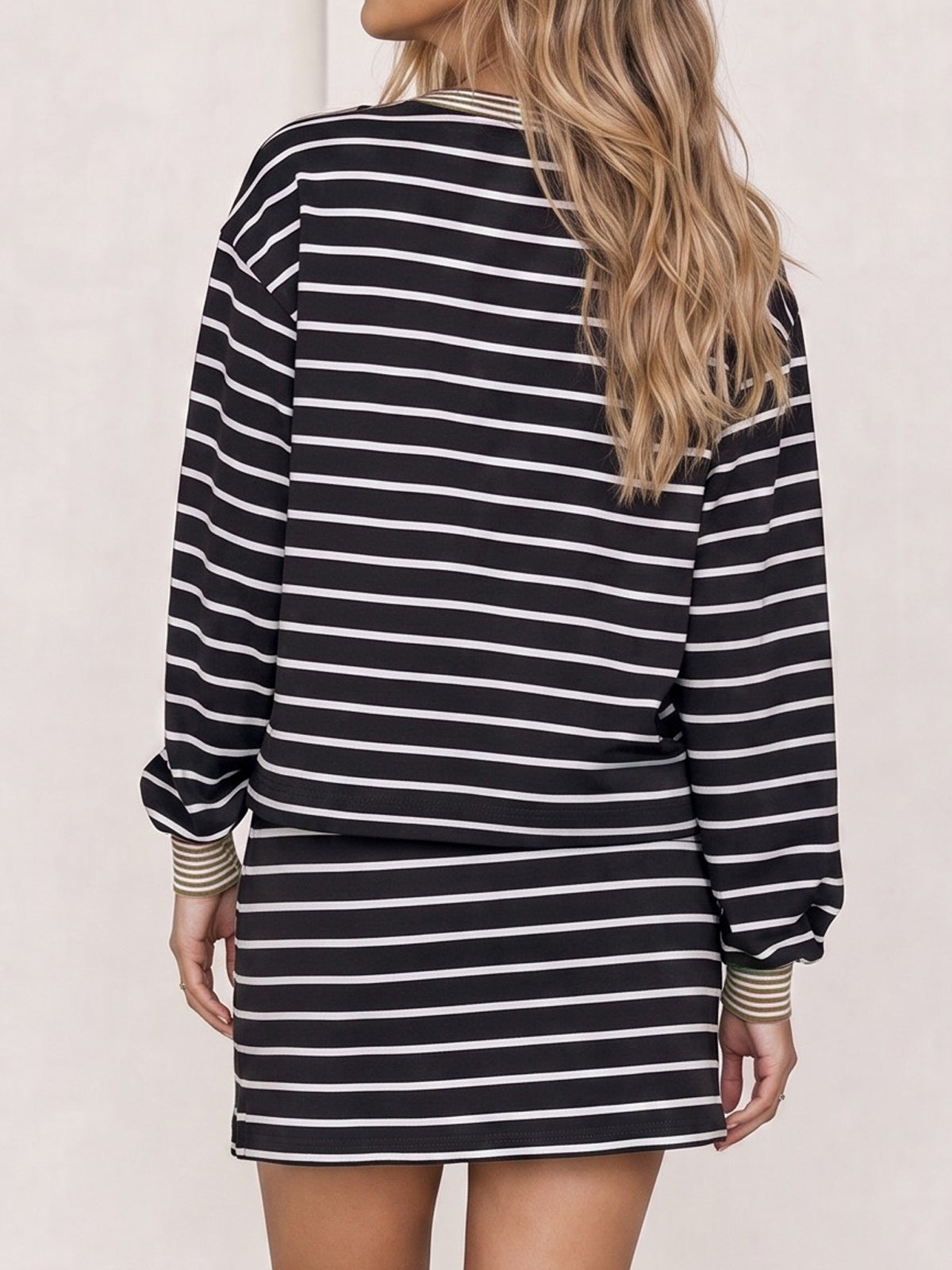 Striped Long Sleeve Crop Tops With Skort Sets - Fisoew