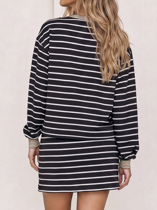 Striped Long Sleeve Crop Tops With Skort Sets - Fisoew