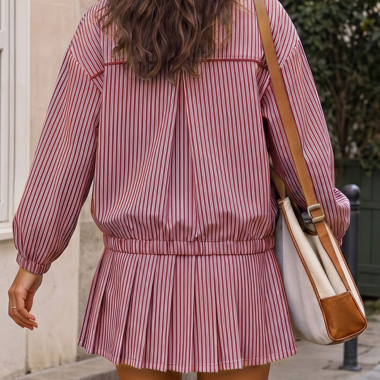 Stripe Zipper Jacket With Pleated Skirt Sets - Fisoew