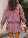 Stripe Zipper Jacket With Pleated Skirt Sets - Fisoew