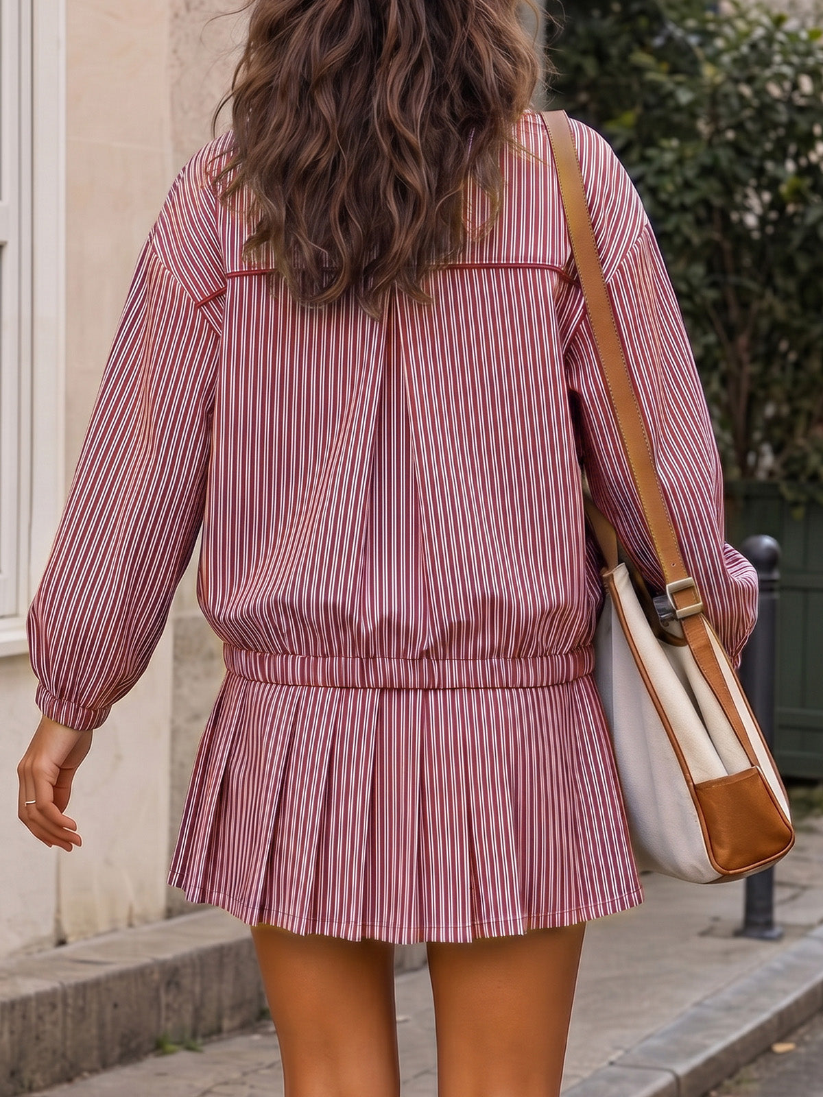 Stripe Zipper Jacket With Pleated Skirt Sets - Fisoew