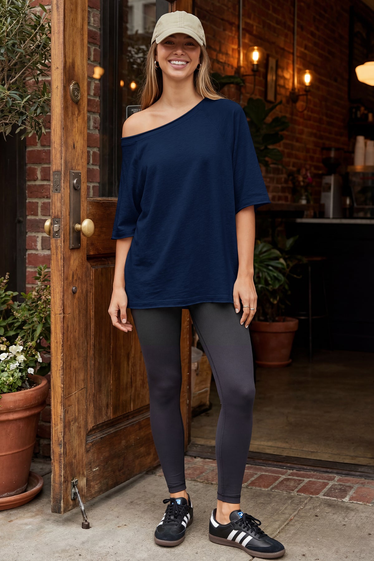 Fisoew Women's  Navy Off The Shoulder Tops Oversized  T-Shirts - Fisoew
