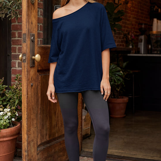 Fisoew Women's  Navy Off The Shoulder Tops Oversized  T-Shirts - Fisoew