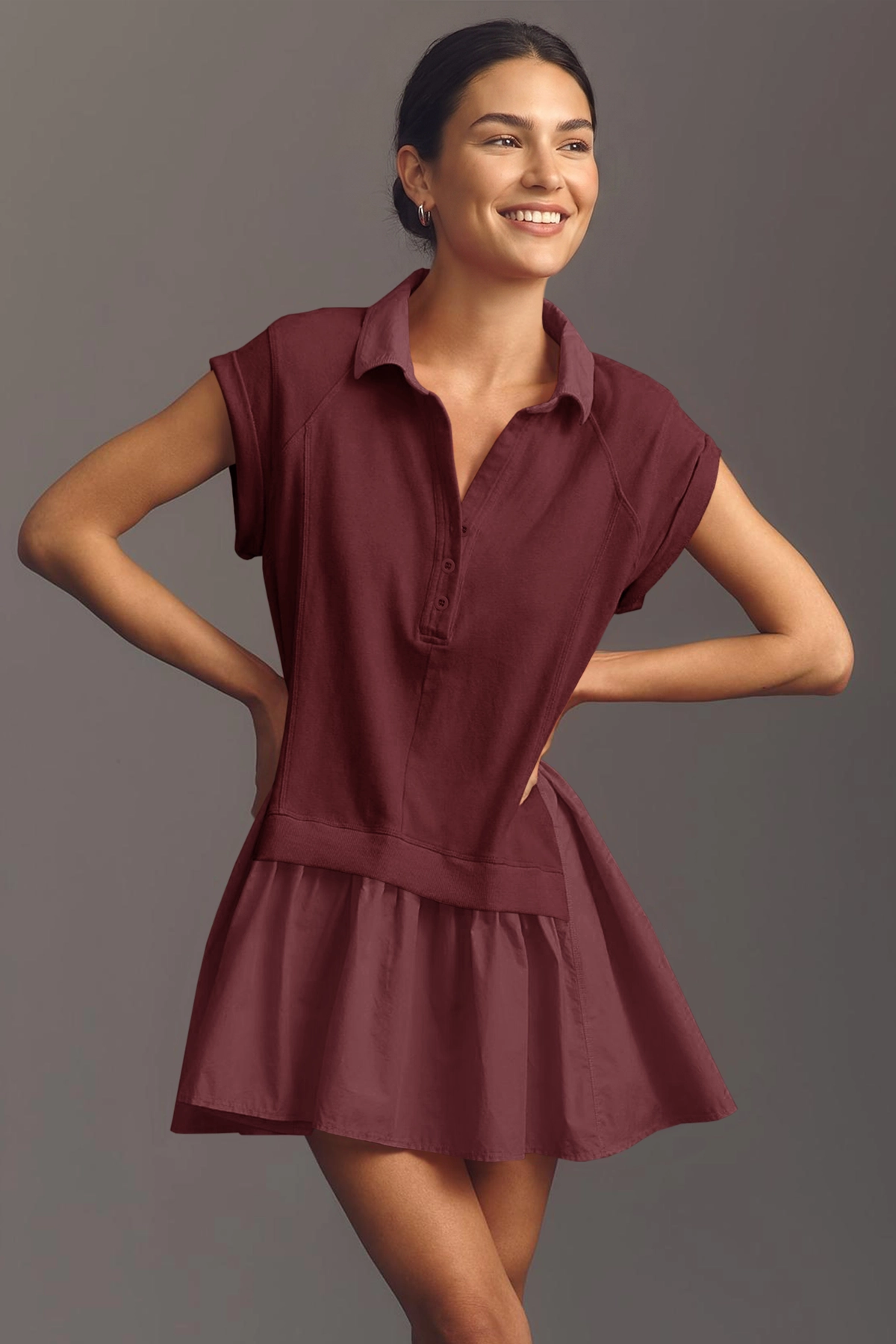 Fisoew Women's Burgundy Oversized Patchwork Mini Dress - Fisoew