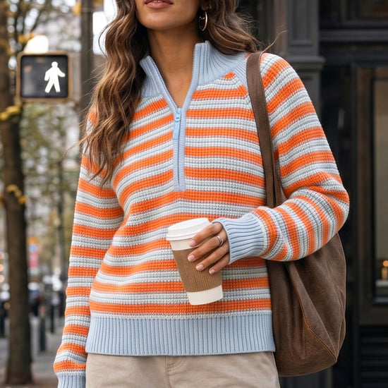 Half Zip Striped Pullover Ribbed Knit Tops - Fisoew